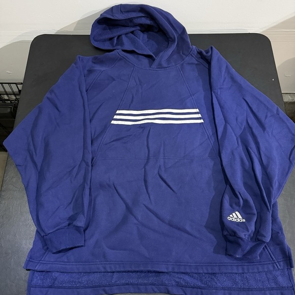 adidas Other - Vintage 90s Adidas Navy Blue Fleece Hoodie Three Stripes Size Medium Y2K‎